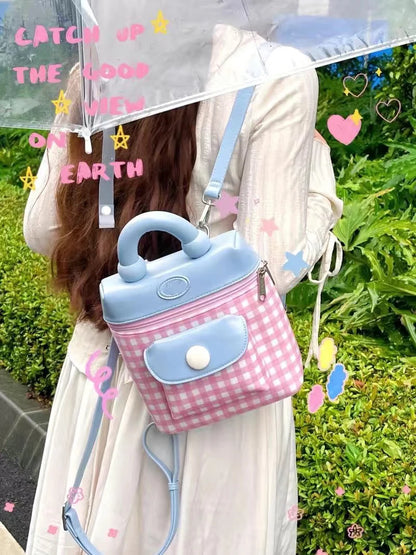 2024 New Sweet Girl Checkered Backpack PU Leather Cute Small Shoulder Bag Colored Casual Small Bag Gifts For Daughter