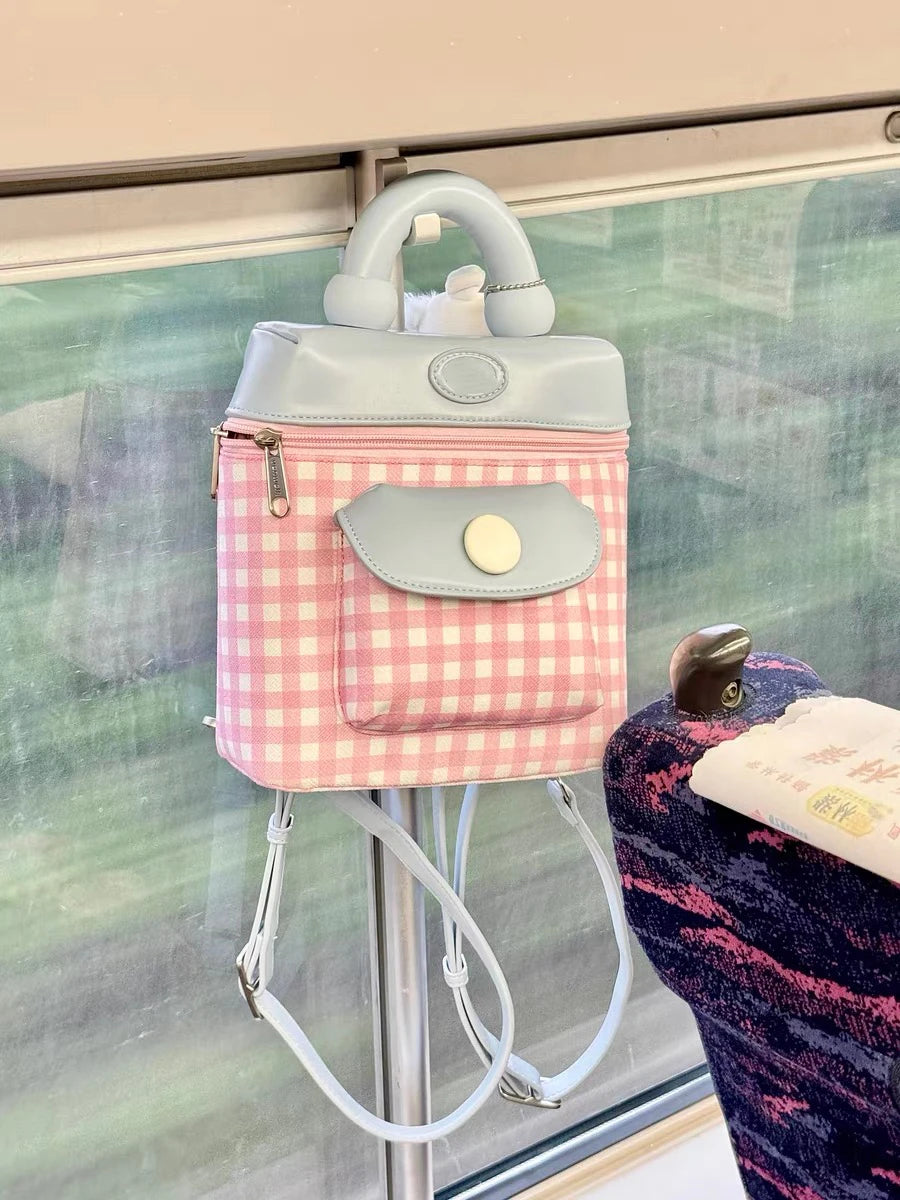 2024 New Sweet Girl Checkered Backpack PU Leather Cute Small Shoulder Bag Colored Casual Small Bag Gifts For Daughter