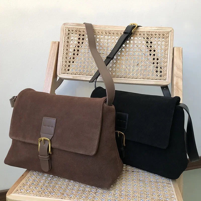 2024 New Totes Korean Designer Casual Crossbody Shoulder Bags For Women Large Capacity Vintage Suede Belt Bucklemessage Bag