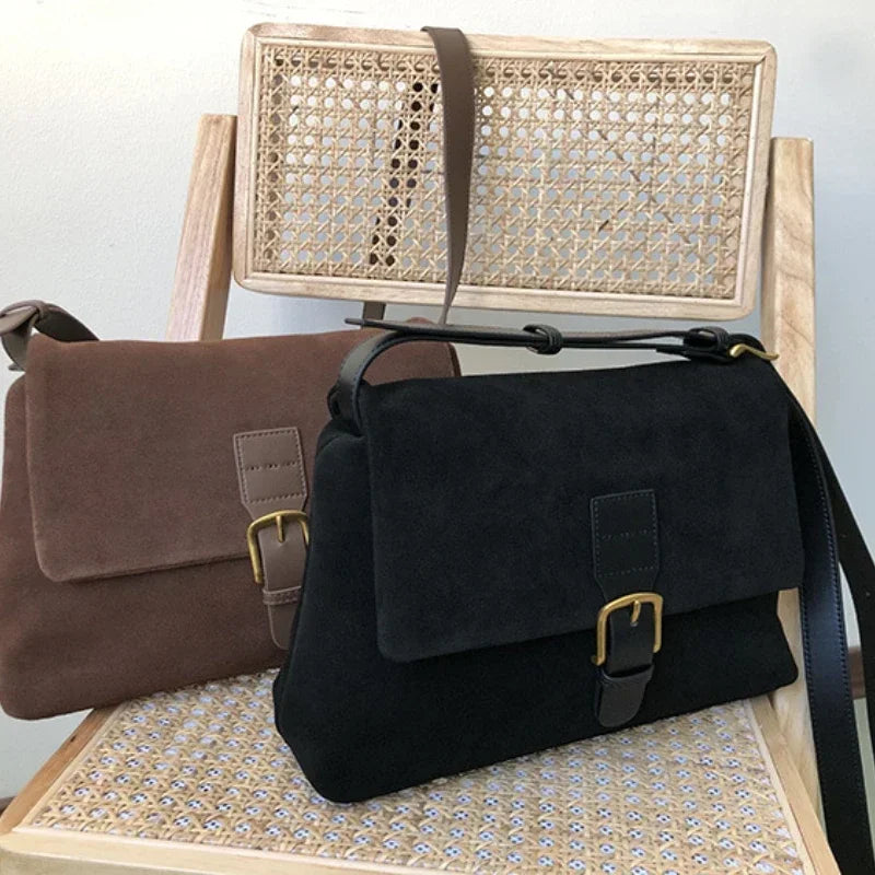 2024 New Totes Korean Designer Casual Crossbody Shoulder Bags For Women Large Capacity Vintage Suede Belt Bucklemessage Bag