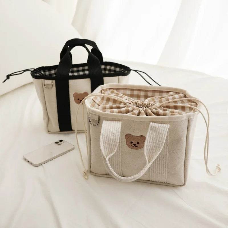 2024 New Trend Multi functional Drawstring Handbag Embroidered Bear Lightweight Canvas Bag Small Cute Bags for Women