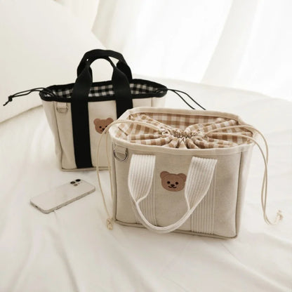 2024 New Trend Multi functional Drawstring Handbag Embroidered Bear Lightweight Canvas Bag Small Cute Bags for Women