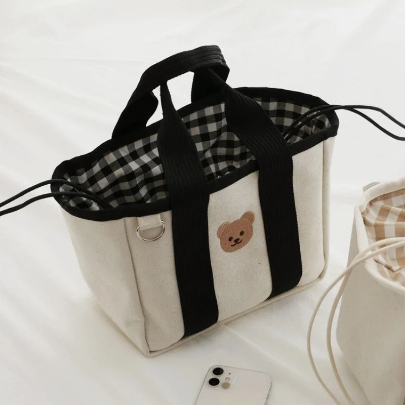 2024 New Trend Multi functional Drawstring Handbag Embroidered Bear Lightweight Canvas Bag Small Cute Bags for Women