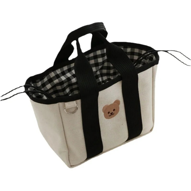 2024 New Trend Multi functional Drawstring Handbag Embroidered Bear Lightweight Canvas Bag Small Cute Bags for Women