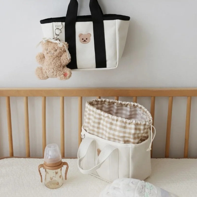 2024 New Trend Multi functional Drawstring Handbag Embroidered Bear Lightweight Canvas Bag Small Cute Bags for Women