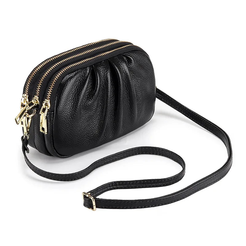 2024 New Versatile Wrinkle Bag Soft Leather Large Capacity Three Layer Zipper Shoulder Bag