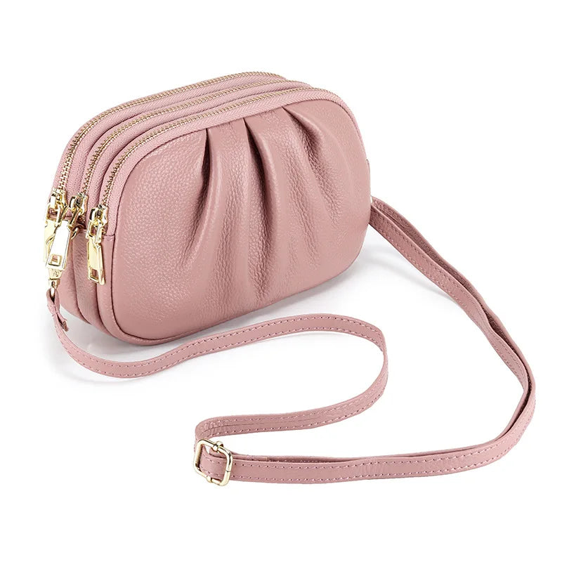 2024 New Versatile Wrinkle Bag Soft Leather Large Capacity Three Layer Zipper Shoulder Bag