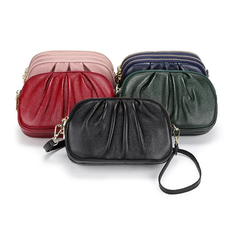 2024 New Versatile Wrinkle Bag Soft Leather Large Capacity Three Layer Zipper Shoulder Bag
