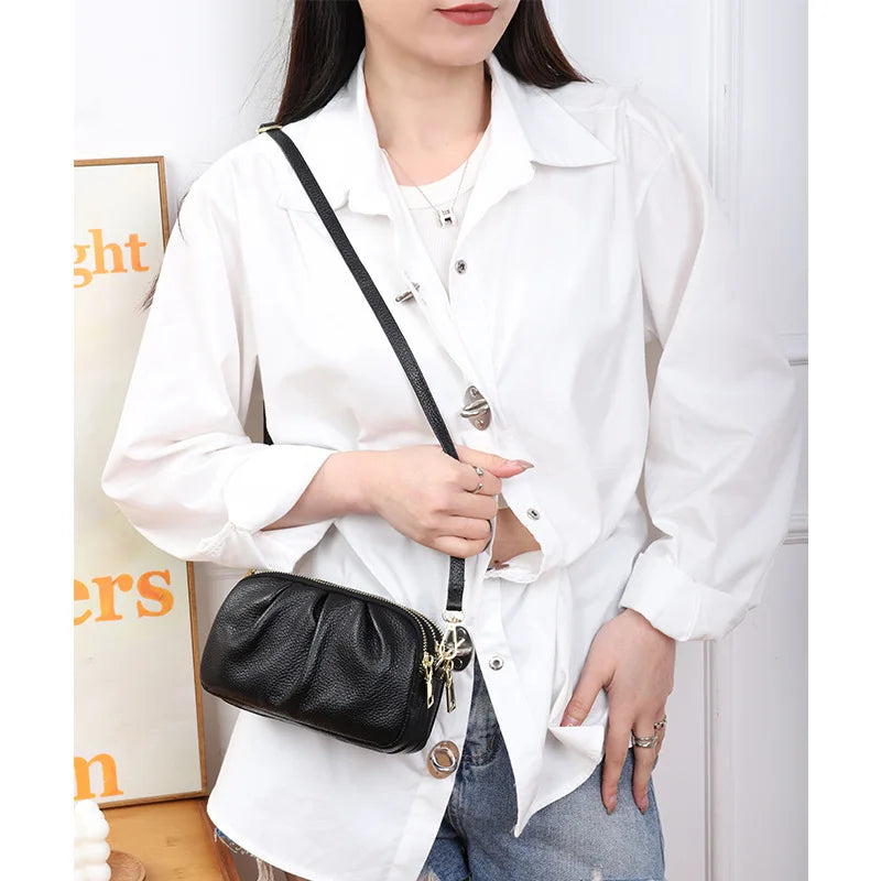 2024 New Versatile Wrinkle Bag Soft Leather Large Capacity Three Layer Zipper Shoulder Bag