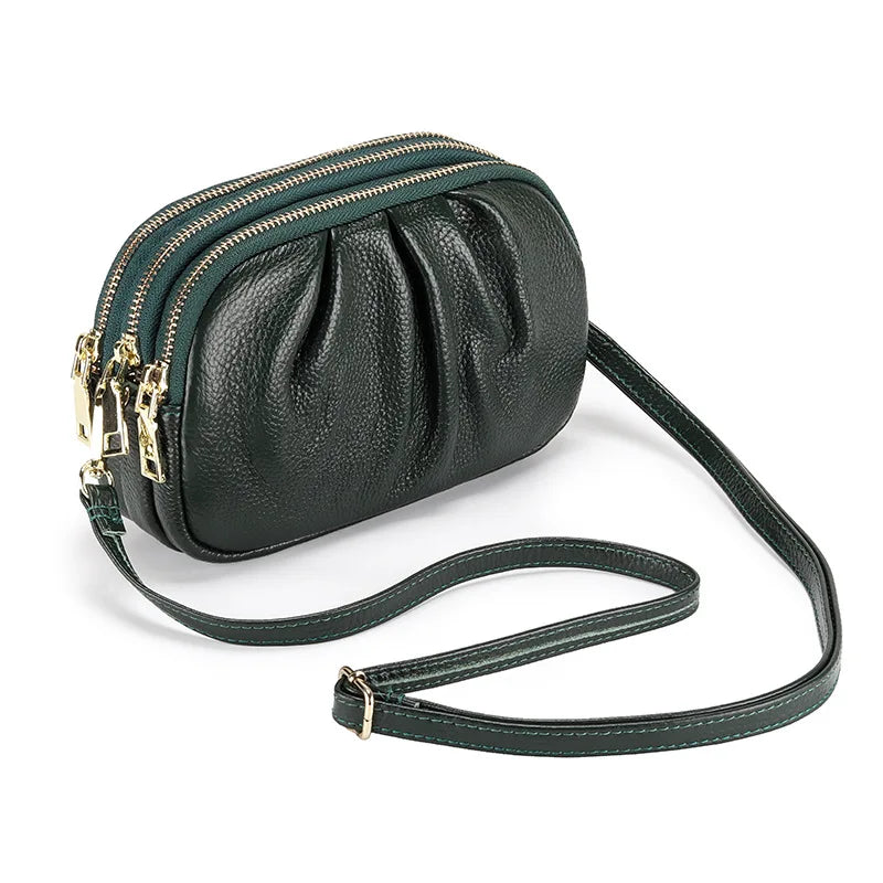2024 New Versatile Wrinkle Bag Soft Leather Large Capacity Three Layer Zipper Shoulder Bag