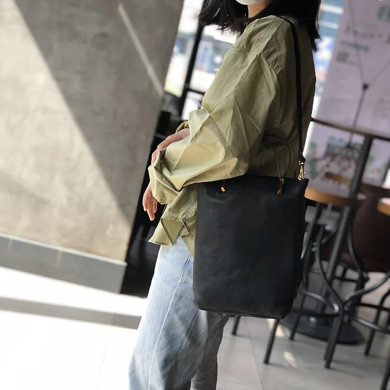 2024 New Vintage Genuine Leather Women Shoulder Bag Simple Fashion Large Capacity Versatile Handbags Casual Commuter Bolsas