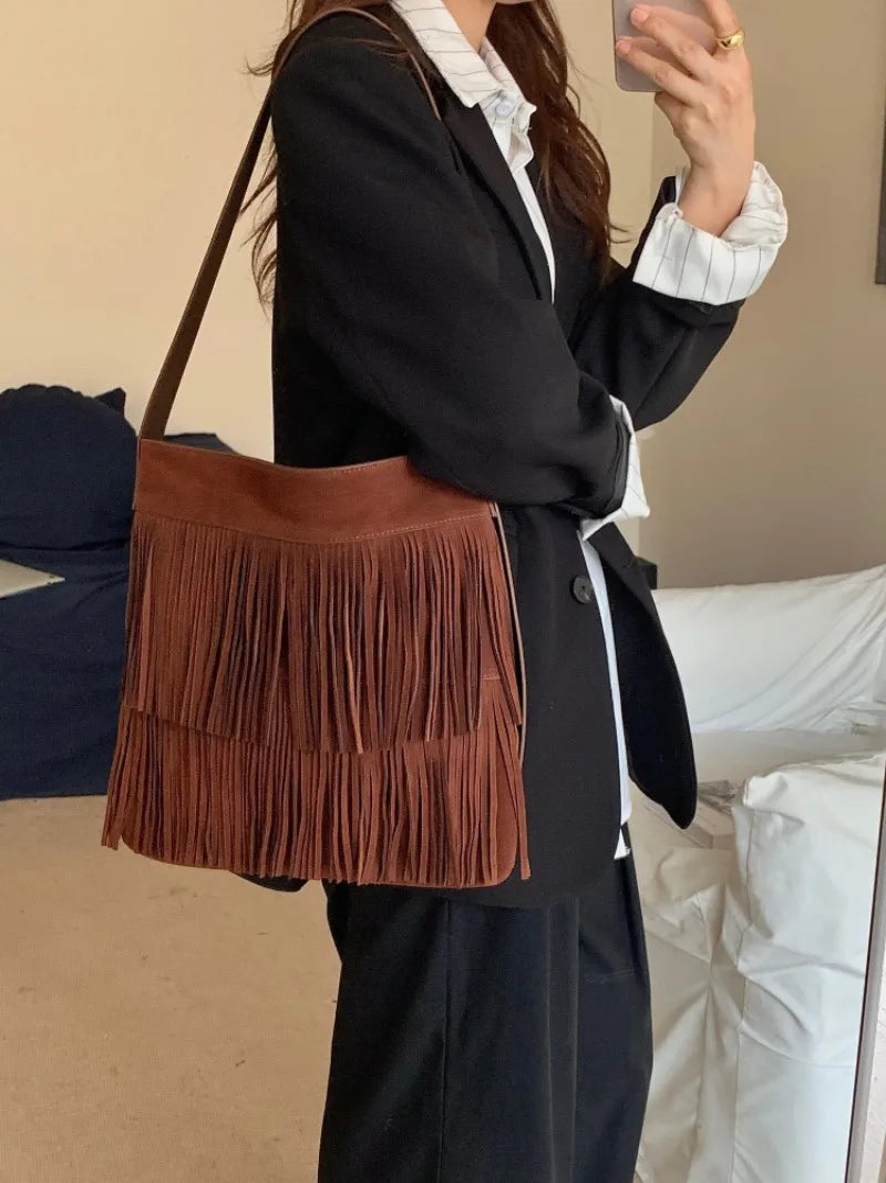 2024 New Vintage Tassel Tote Shoulder Bags Solid Nubuck Leather Crossbody Handbags Purse Korean Minority Casual Bolsos Purse