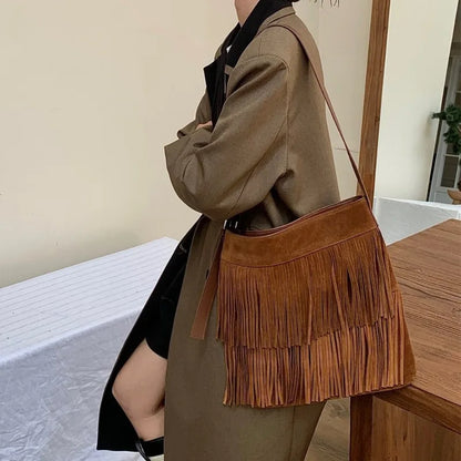 2024 New Vintage Tassel Tote Shoulder Bags Solid Nubuck Leather Crossbody Handbags Purse Korean Minority Casual Bolsos Purse