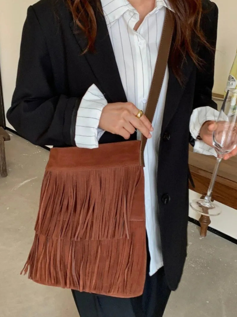 2024 New Vintage Tassel Tote Shoulder Bags Solid Nubuck Leather Crossbody Handbags Purse Korean Minority Casual Bolsos Purse