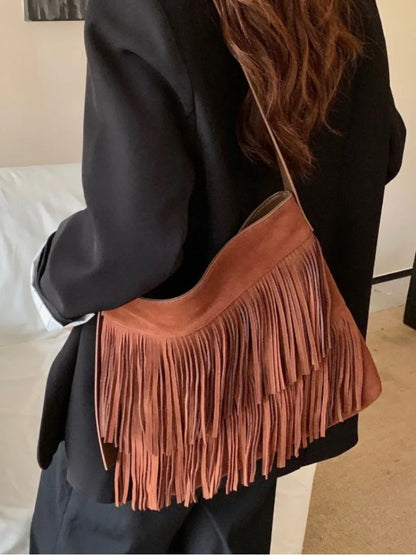 2024 New Vintage Tassel Tote Shoulder Bags Solid Nubuck Leather Crossbody Handbags Purse Korean Minority Casual Bolsos Purse