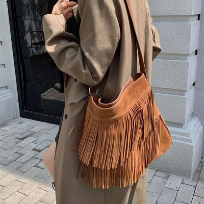 2024 New Vintage Tassel Tote Shoulder Bags Solid Nubuck Leather Crossbody Handbags Purse Korean Minority Casual Bolsos Purse