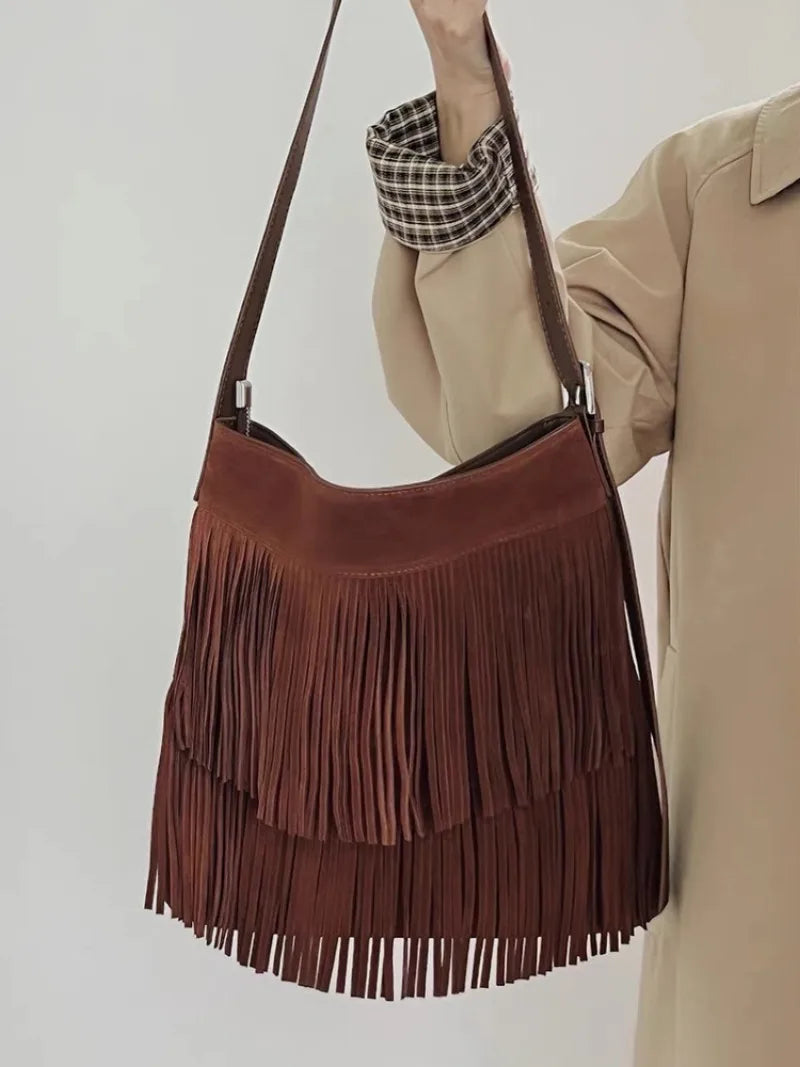 2024 New Vintage Tassel Tote Shoulder Bags Solid Nubuck Leather Crossbody Handbags Purse Korean Minority Casual Bolsos Purse
