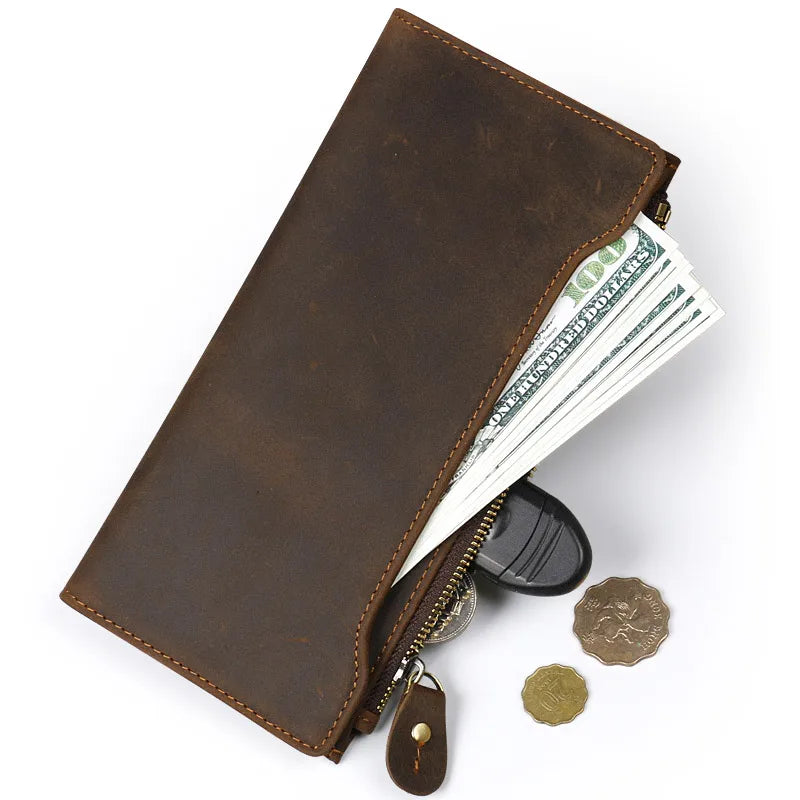 2024 New Wallet High Quality Retro Style Trend Handmade Cow Leather Genuine Crazy Horse Leather Men Long Purse