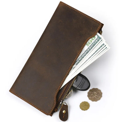 2024 New Wallet High Quality Retro Style Trend Handmade Cow Leather Genuine Crazy Horse Leather Men Long Purse