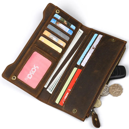 2024 New Wallet High Quality Retro Style Trend Handmade Cow Leather Genuine Crazy Horse Leather Men Long Purse