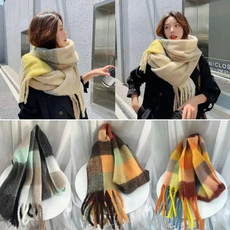 2024 New Women Plaid Scarf Winter Pashmina Shawls Thick Wraps Lady Tassel Warm Rainbow Scarves
