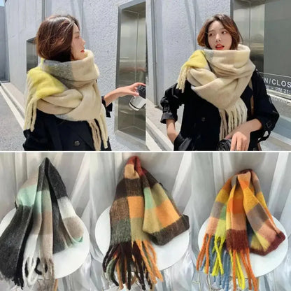 2024 New Women Plaid Scarf Winter Pashmina Shawls Thick Wraps Lady Tassel Warm Rainbow Scarves