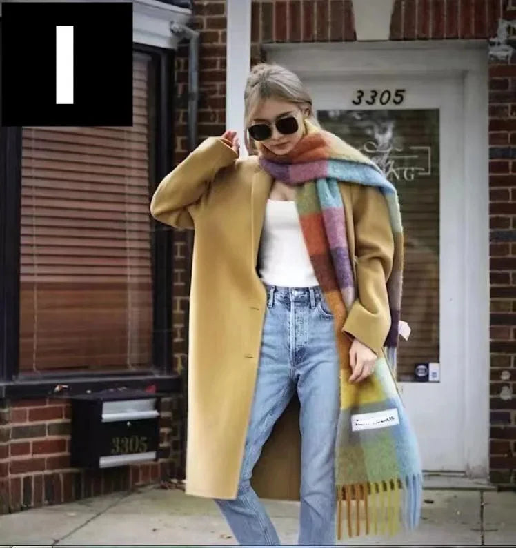 2024 New Women Plaid Scarf Winter Pashmina Shawls Thick Wraps Lady Tassel Warm Rainbow Scarves