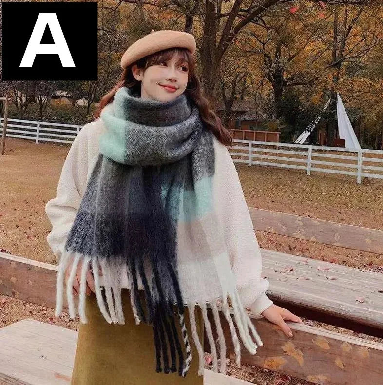 2024 New Women Plaid Scarf Winter Pashmina Shawls Thick Wraps Lady Tassel Warm Rainbow Scarves