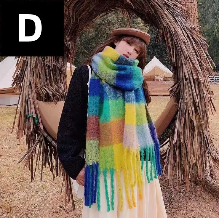 2024 New Women Plaid Scarf Winter Pashmina Shawls Thick Wraps Lady Tassel Warm Rainbow Scarves