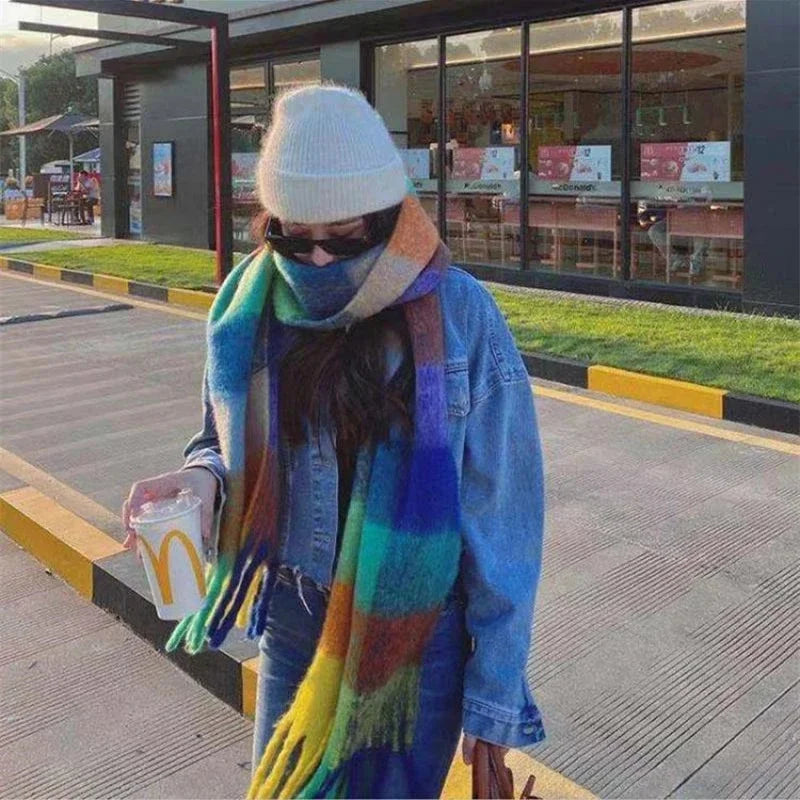 2024 New Women Plaid Scarf Winter Pashmina Shawls Thick Wraps Lady Tassel Warm Rainbow Scarves
