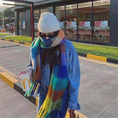 2024 New Women Plaid Scarf Winter Pashmina Shawls Thick Wraps Lady Tassel Warm Rainbow Scarves