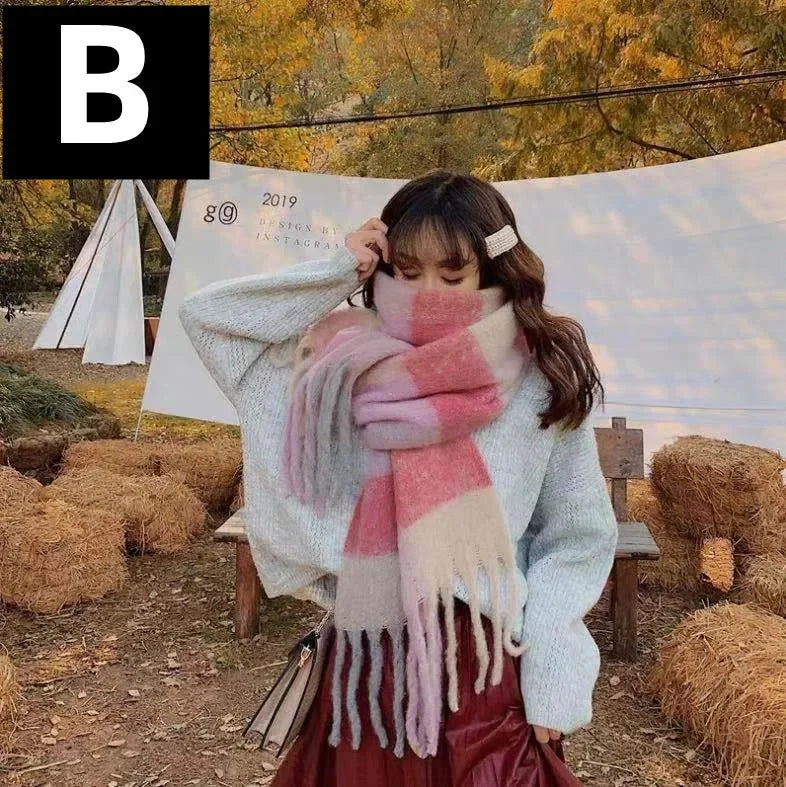 2024 New Women Plaid Scarf Winter Pashmina Shawls Thick Wraps Lady Tassel Warm Rainbow Scarves