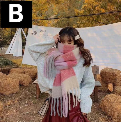 2024 New Women Plaid Scarf Winter Pashmina Shawls Thick Wraps Lady Tassel Warm Rainbow Scarves