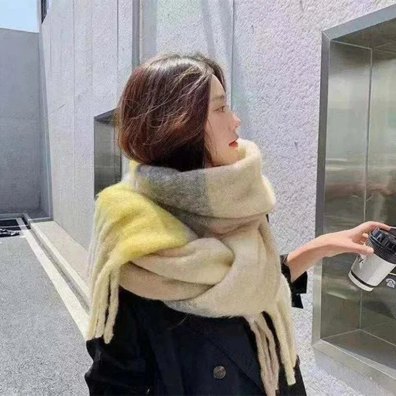 2024 New Women Plaid Scarf Winter Pashmina Shawls Thick Wraps Lady Tassel Warm Rainbow Scarves
