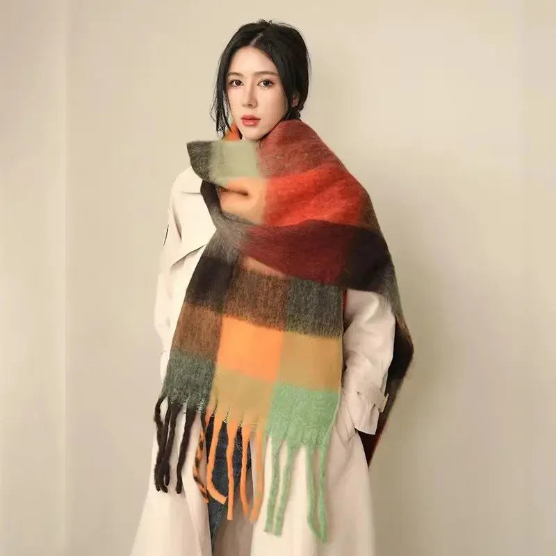 2024 New Women Plaid Scarf Winter Pashmina Shawls Thick Wraps Lady Tassel Warm Rainbow Scarves