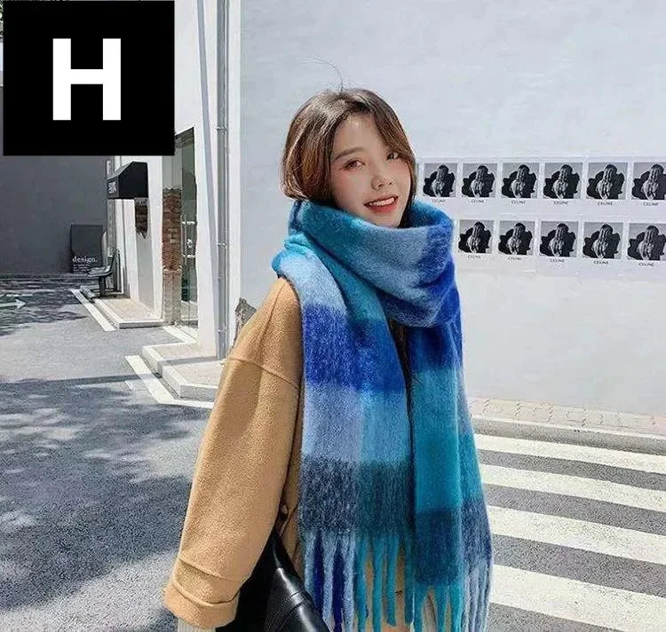 2024 New Women Plaid Scarf Winter Pashmina Shawls Thick Wraps Lady Tassel Warm Rainbow Scarves