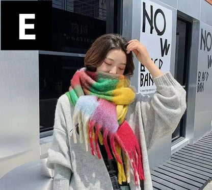 2024 New Women Plaid Scarf Winter Pashmina Shawls Thick Wraps Lady Tassel Warm Rainbow Scarves