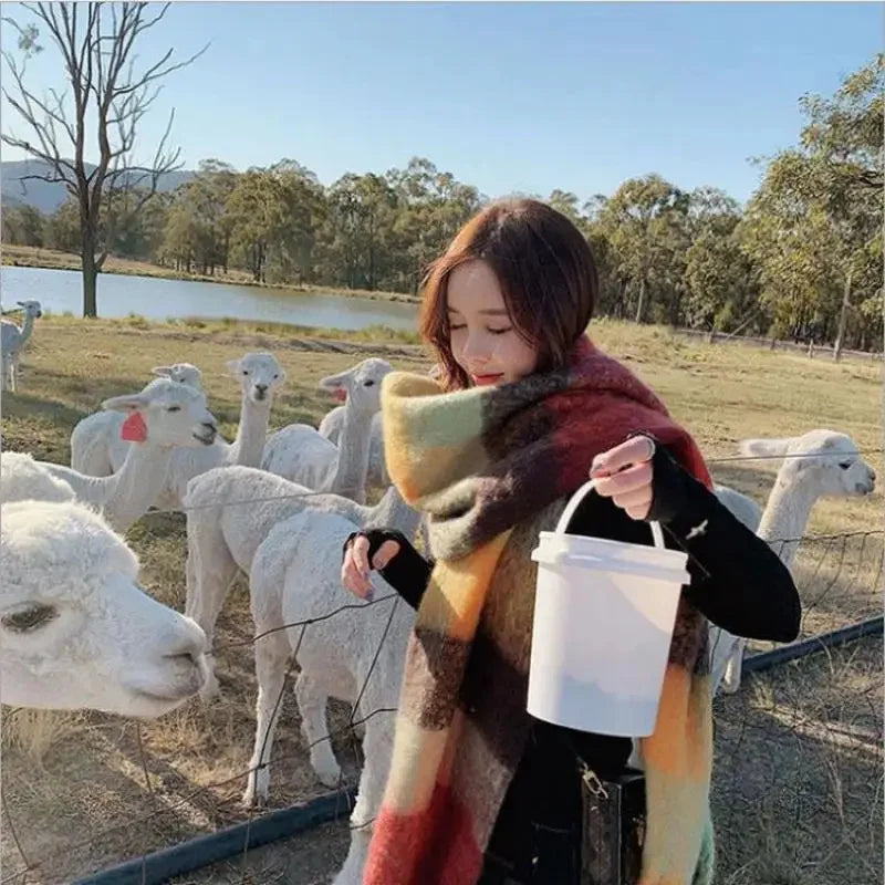 2024 New Women Plaid Scarf Winter Pashmina Shawls Thick Wraps Lady Tassel Warm Rainbow Scarves
