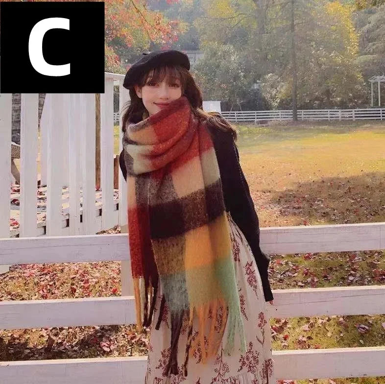 2024 New Women Plaid Scarf Winter Pashmina Shawls Thick Wraps Lady Tassel Warm Rainbow Scarves