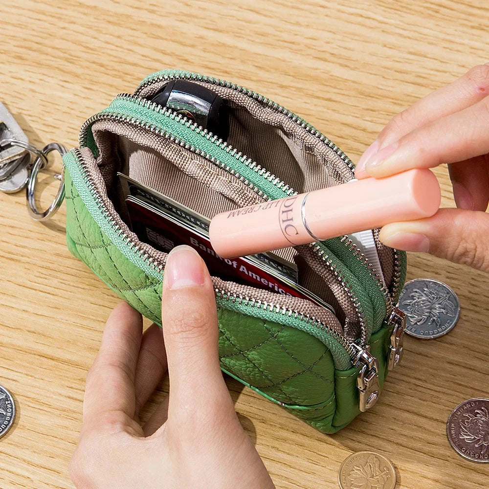 2024 New Women Wallet Genuine Leather Double Zipper Coin Purse Bag Large Capacity Clutch Wallets with Keychain Ring Money Purses