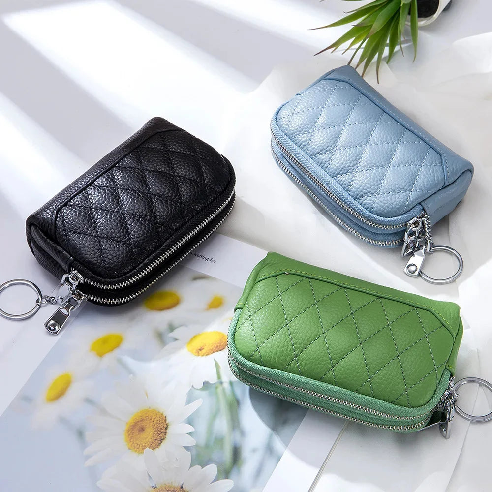 2024 New Women Wallet Genuine Leather Double Zipper Coin Purse Bag Large Capacity Clutch Wallets with Keychain Ring Money Purses