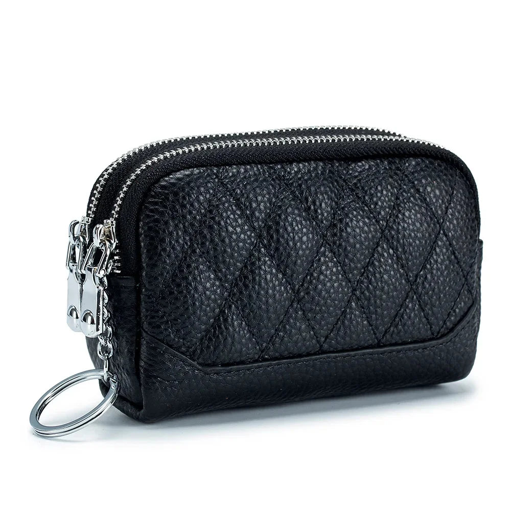 2024 New Women Wallet Genuine Leather Double Zipper Coin Purse Bag Large Capacity Clutch Wallets with Keychain Ring Money Purses