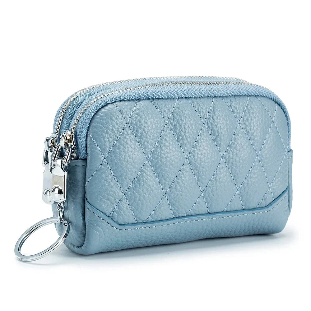 2024 New Women Wallet Genuine Leather Double Zipper Coin Purse Bag Large Capacity Clutch Wallets with Keychain Ring Money Purses