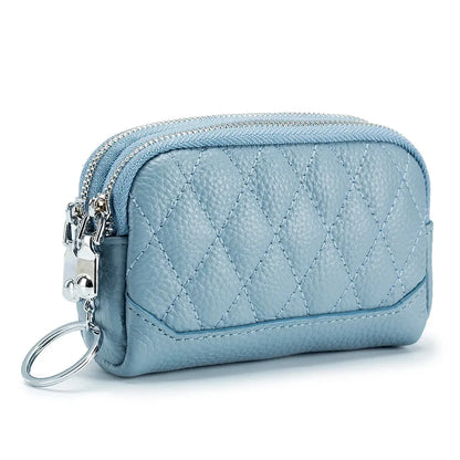 2024 New Women Wallet Genuine Leather Double Zipper Coin Purse Bag Large Capacity Clutch Wallets with Keychain Ring Money Purses