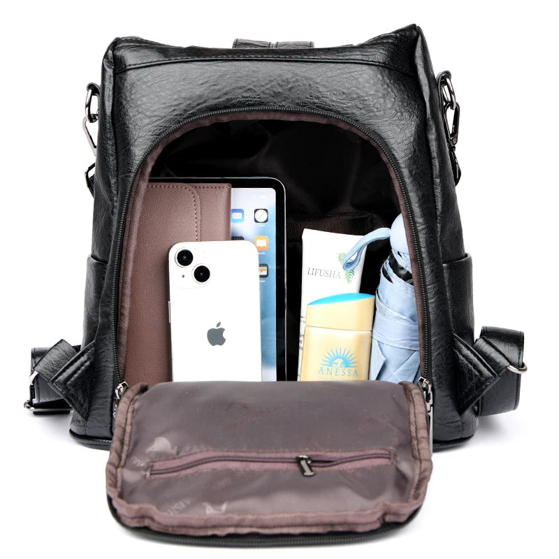 2024 New Women's Anti theft Backpack Large Capacity Female Single Shoulder Bag High Quality Soft Leather School Student Bookpack