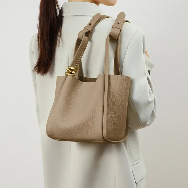 2024 New Women's Bag Bucket Bag Shoulder Bag Large Capacity Genuine Leather Portable Vegetable Basket Bags Luxury Handbags