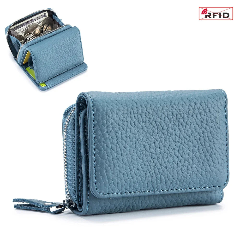 2024 New Women's Mini Coin RFID Blocking Trifold Button Short Purse Ladies Genuine Leather Card Holder Wallet