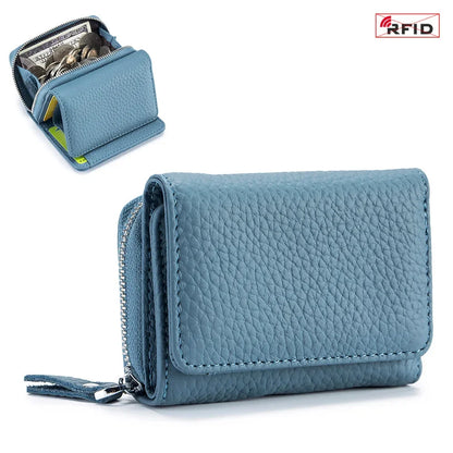 2024 New Women's Mini Coin RFID Blocking Trifold Button Short Purse Ladies Genuine Leather Card Holder Wallet