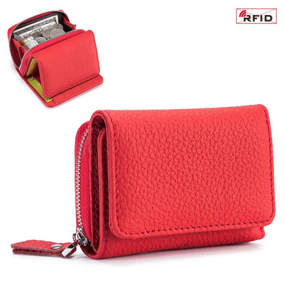 2024 New Women's Mini Coin RFID Blocking Trifold Button Short Purse Ladies Genuine Leather Card Holder Wallet
