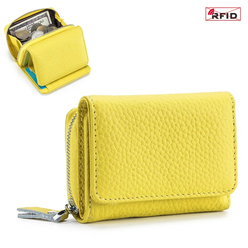 2024 New Women's Mini Coin RFID Blocking Trifold Button Short Purse Ladies Genuine Leather Card Holder Wallet